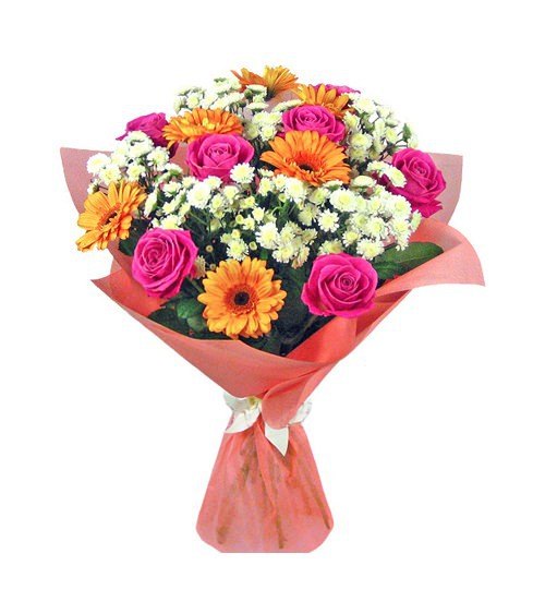 Букет Лаурелла Оранжевые герберы, белая кустовая хризантема и розовые розы, упакованные во флизелин. Так возник букет «Лаурелла».