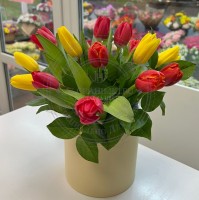 Букет в шляпной коробке 15 разноцветных тюльпанов 