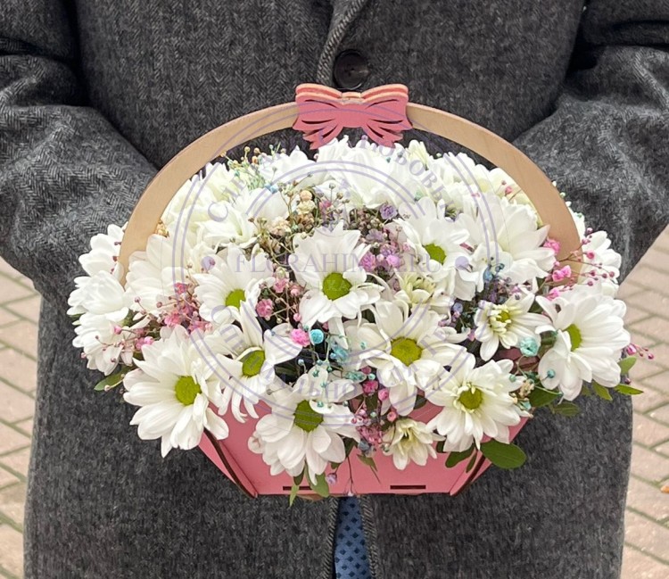 Композиция в цветочном ящике Кучевые облака Цветочный ящик наполненный ромашками и радужной гипсофилой